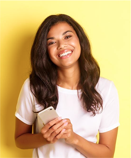 Cute woman holding phone Sonans AI